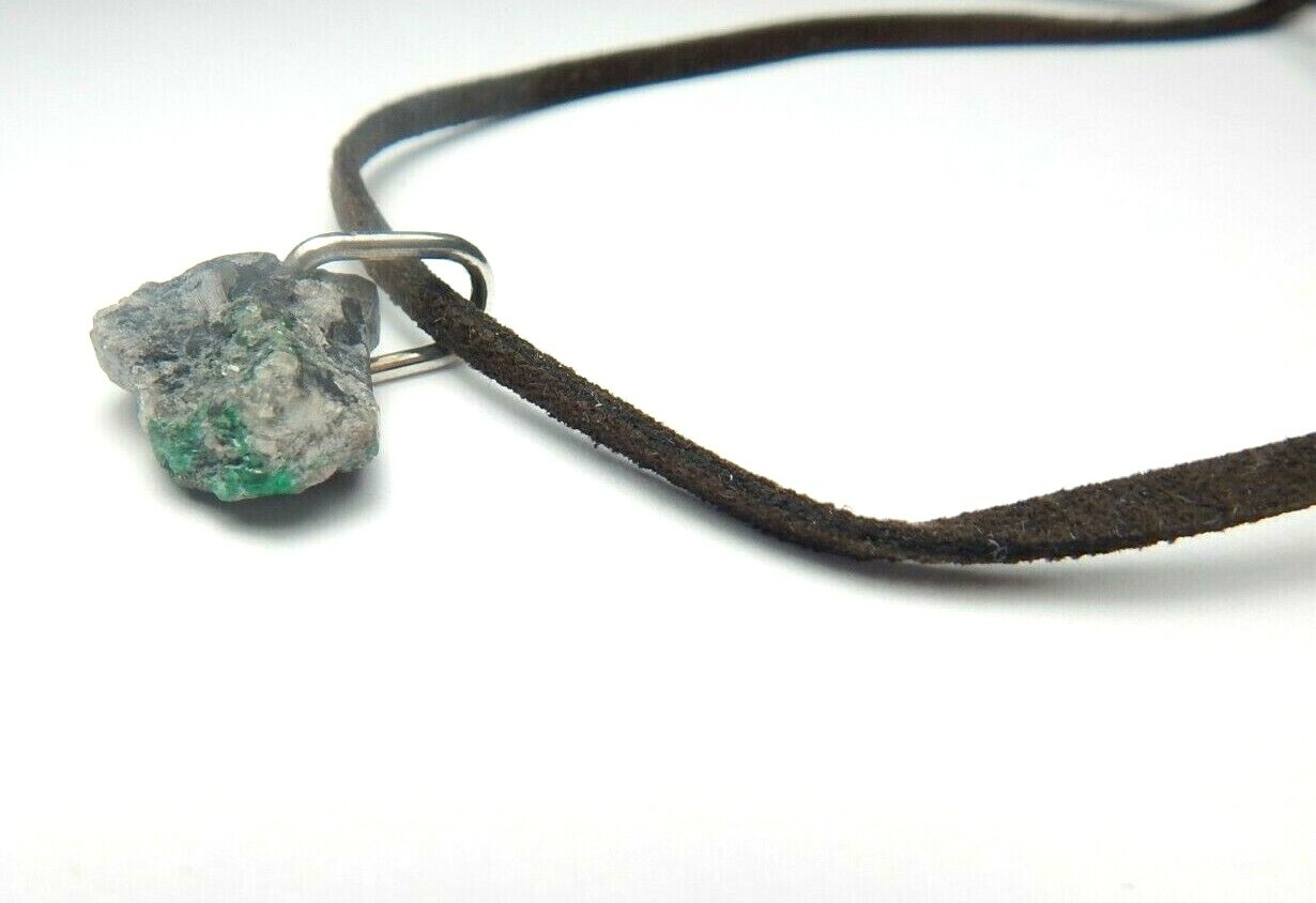 Colombian Emerald Raw MineraL Beryl 12.00 Cts Silver- Leather Necklace Muzo Mine