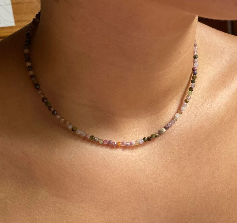 Minimalist Rainbow Tourmaline 2mm Crystal Gemstone Beads Dainty Choker Necklace