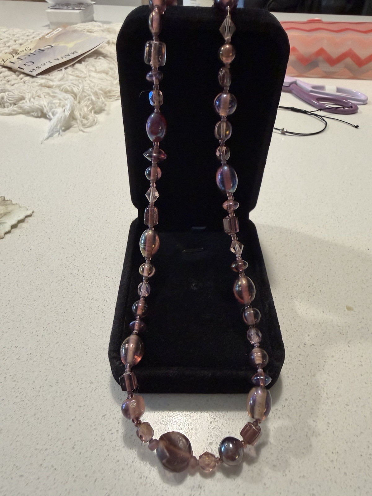 Purple Glass Round Beaded Necklace, Toggle Closure, Dangle Charm