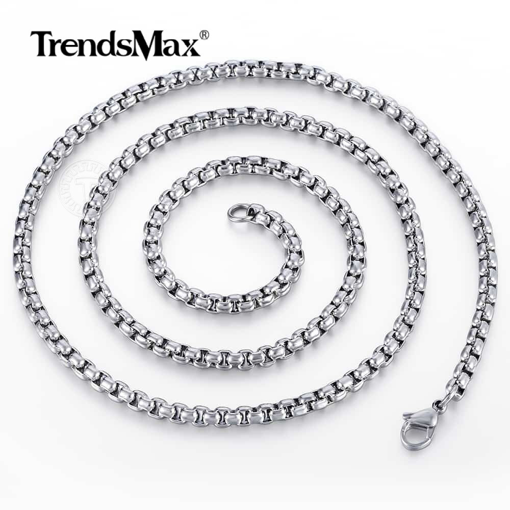 4MM Silver Stainless Steel Round Box Link Necklace Women Men Chain 18/20/22/24″
