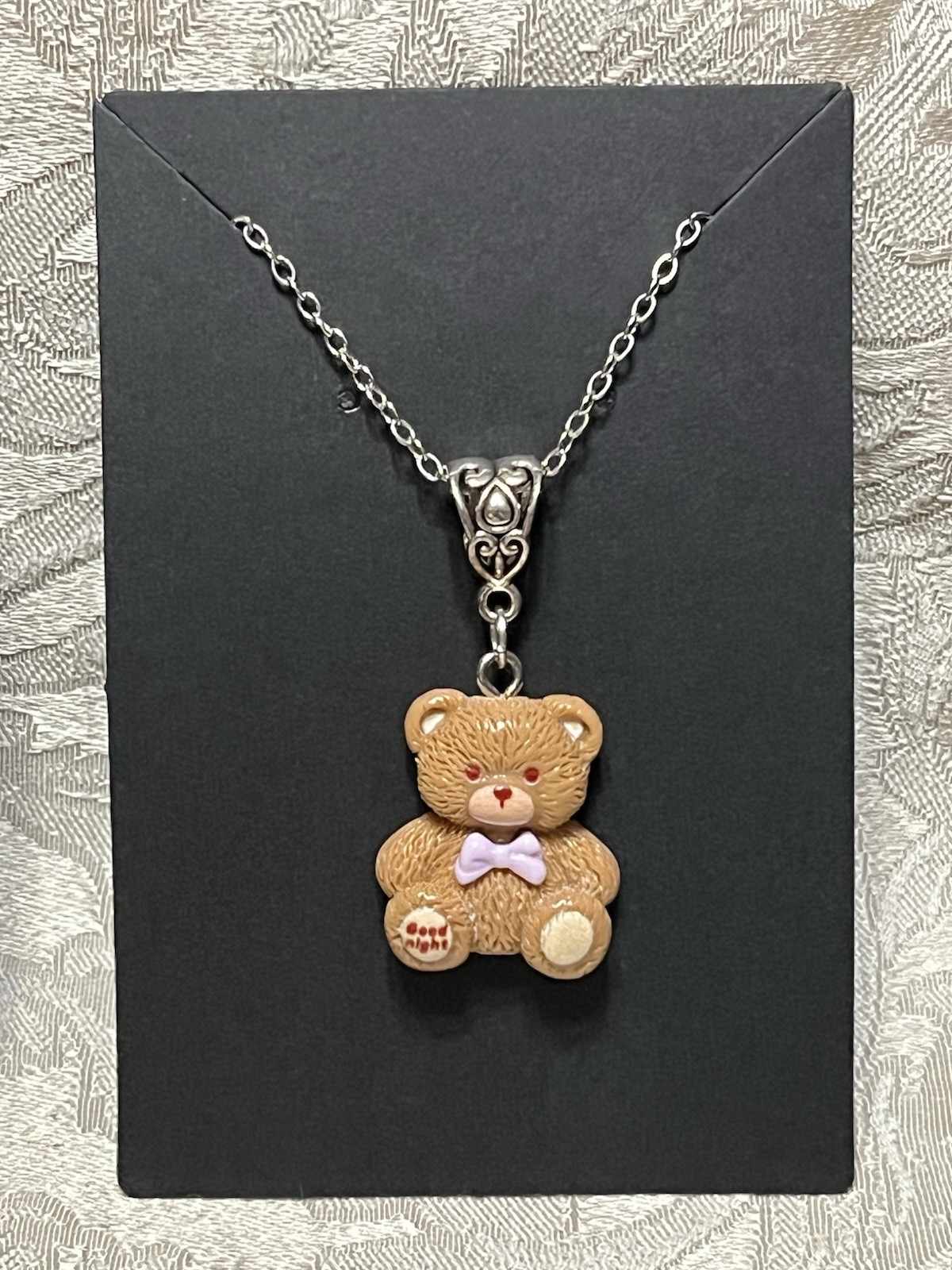 Whimsical Teddy Bear Resin Charm Pendant Fashion Trendy Silver Necklace 18”