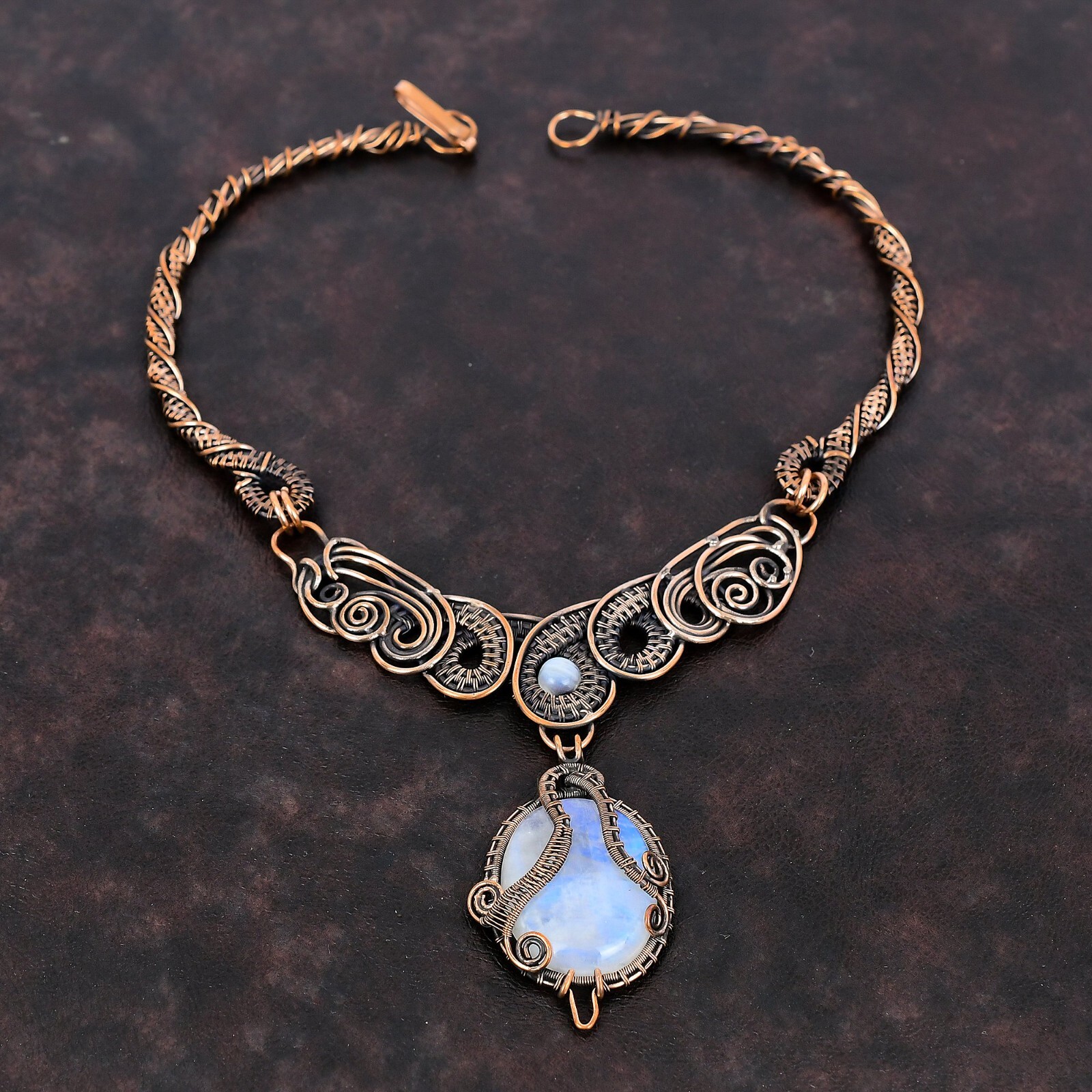 Rainbow Moonstone Jewelry Copper Love Gift Wire Wrapped Chain Necklace 18.0″