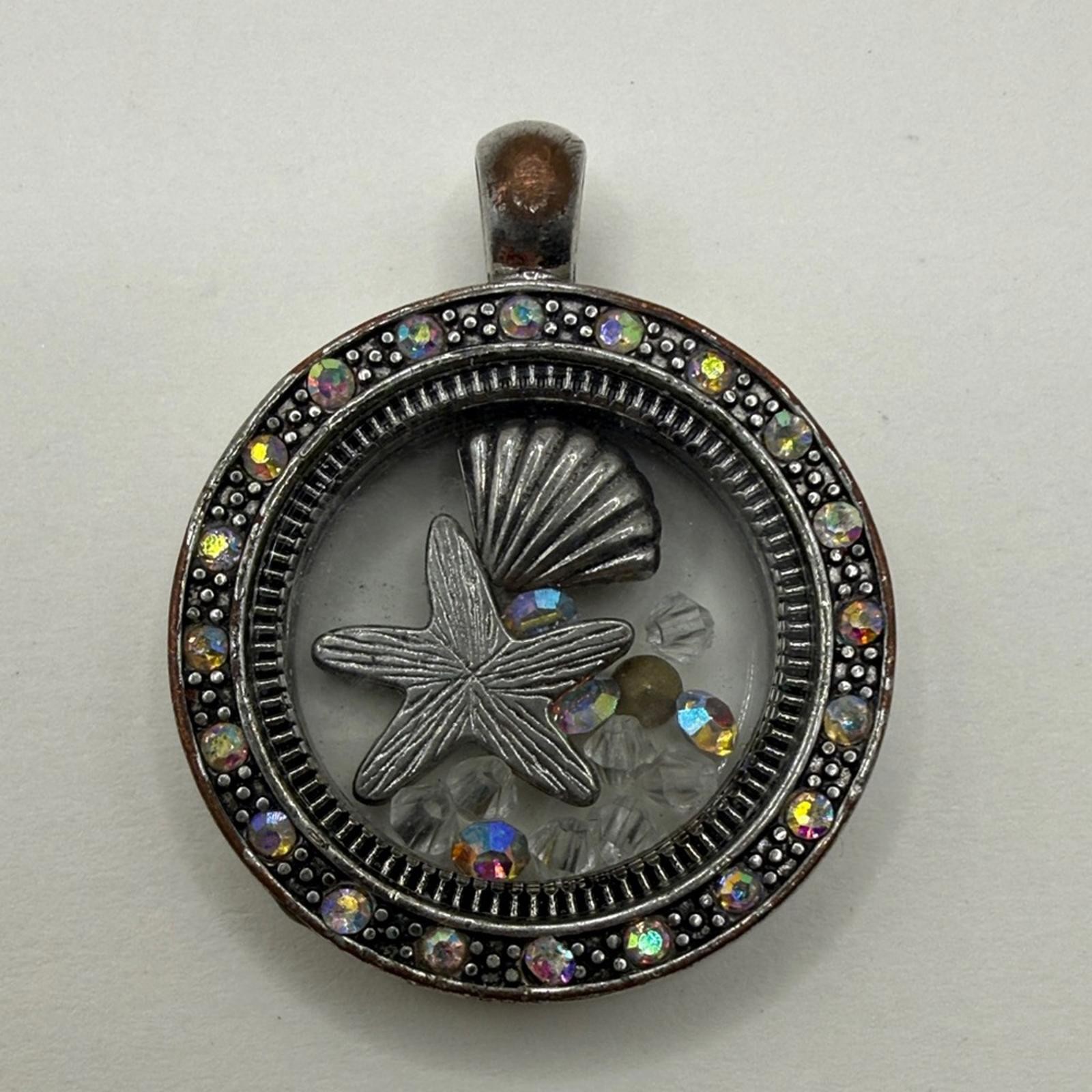 Ocean Locket Necklace Jewelry Beach Coastal Starfish Silver Tone Floating Shell
