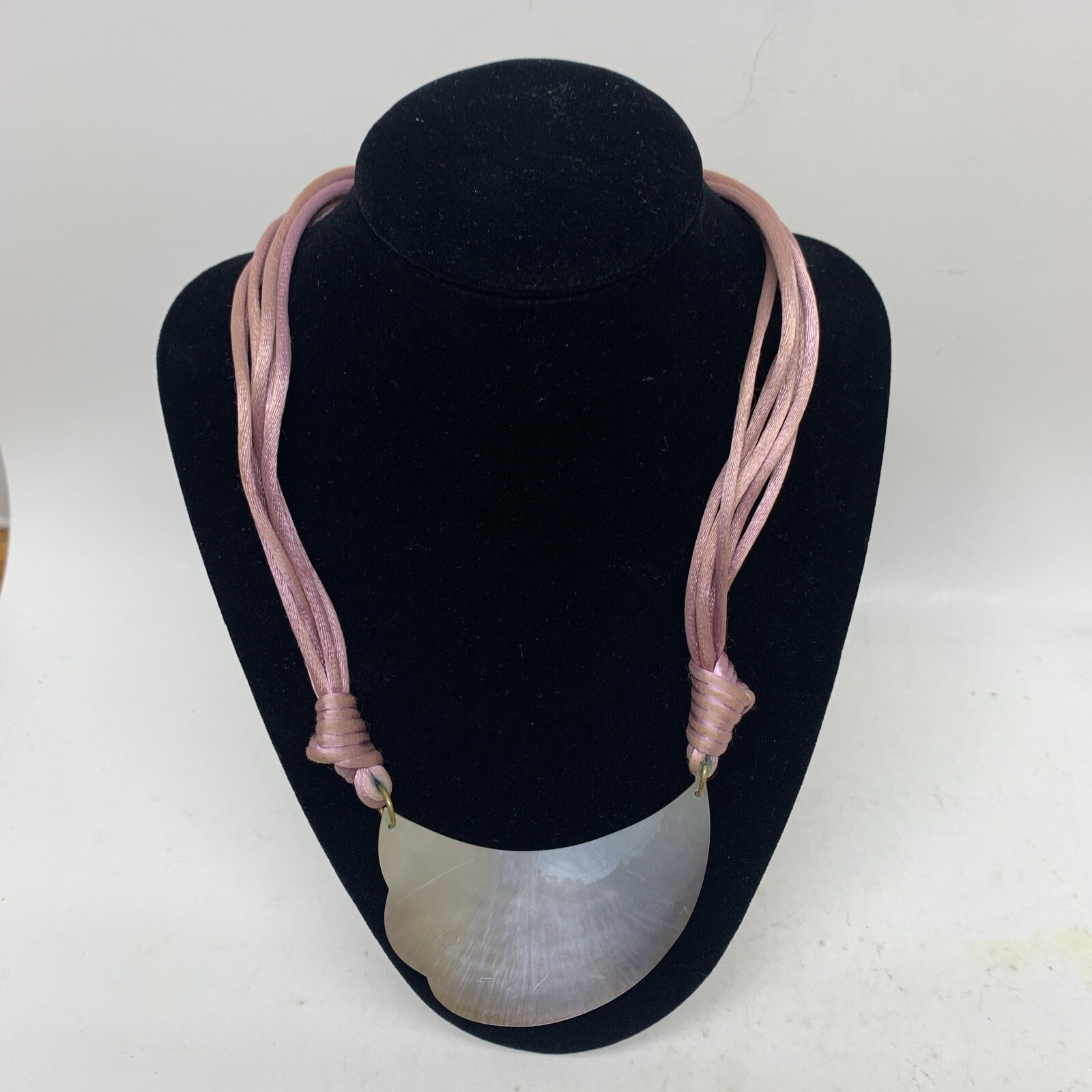 VTG 18” Mother Of Pearl Pendant Necklace W/2 Tone Silk Satin Cord
