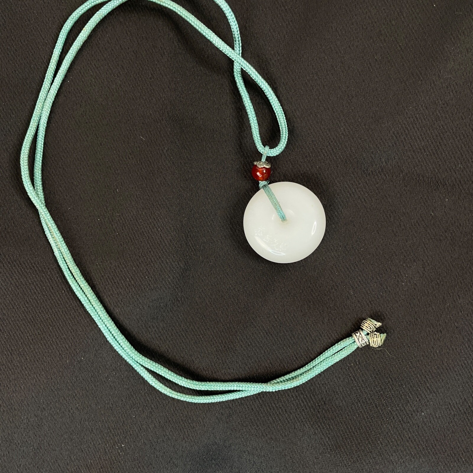 White Jade Quartz Donut Necklace Etched Chinese Happy & Prosperous Ships from US