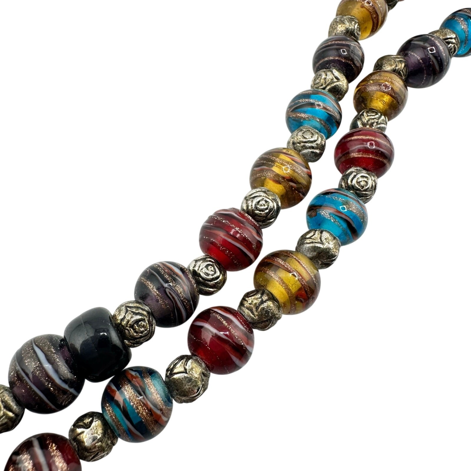 Lampwork Art Glass Dark Rainbow Multicolor Swirl Beaded Handmade 23” Necklace