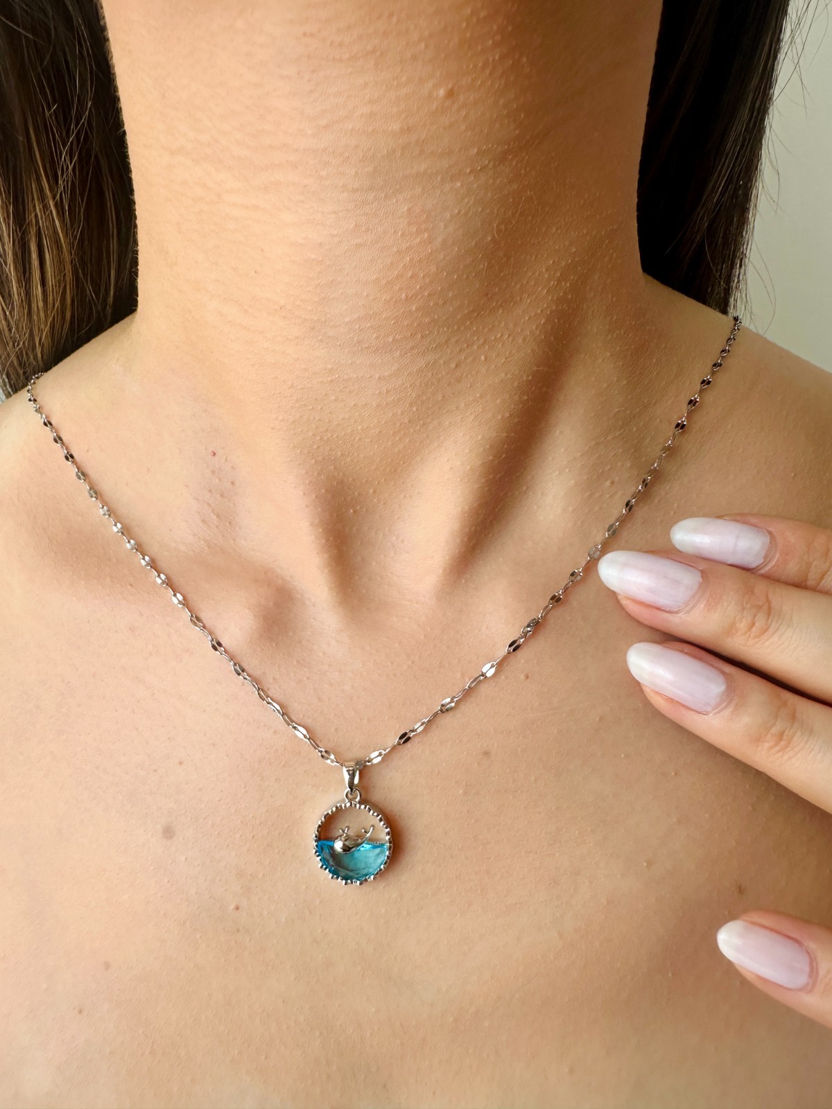 Silver Ocean Wave Necklace: Blue Resin Surfer Pendant