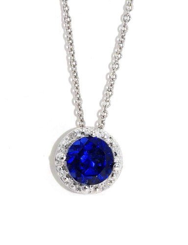 1 Ct Created Blue Sapphire & Diamond Round Pendant .925 Sterling Silver