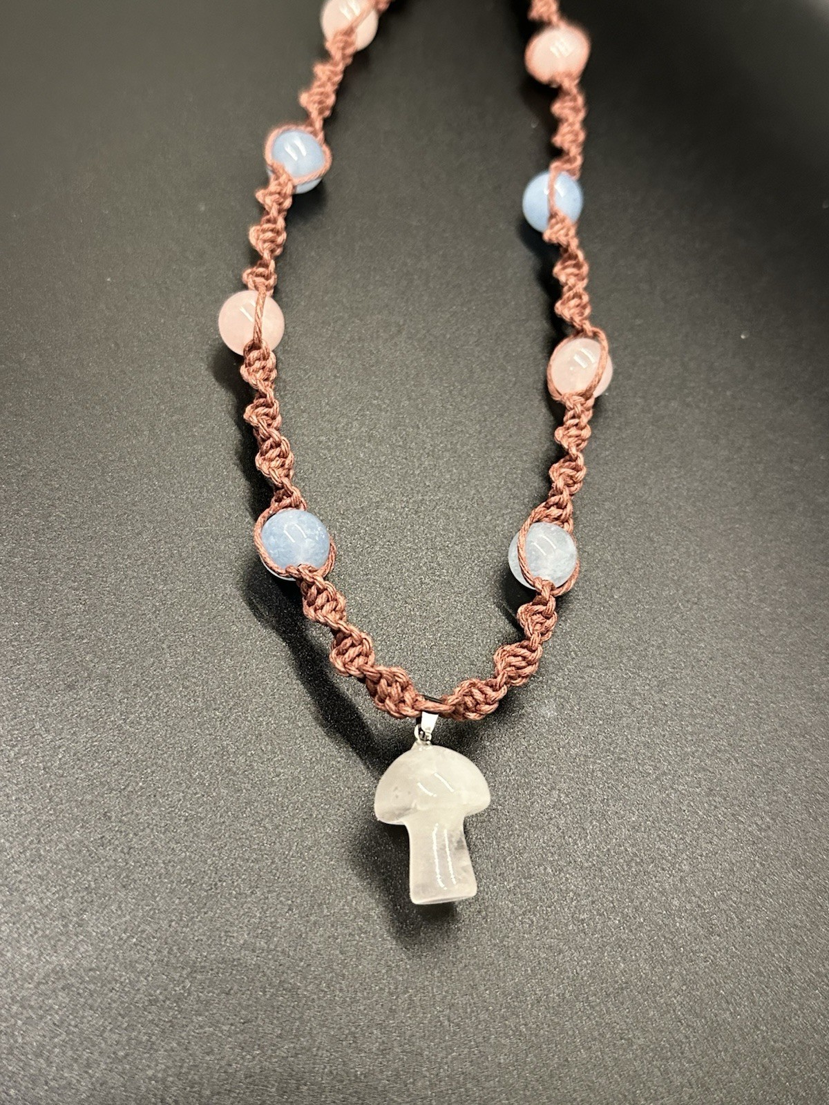 White Mushroom Pendant Necklace Handmade W/ Aquamarine & Rose Quartz 16″