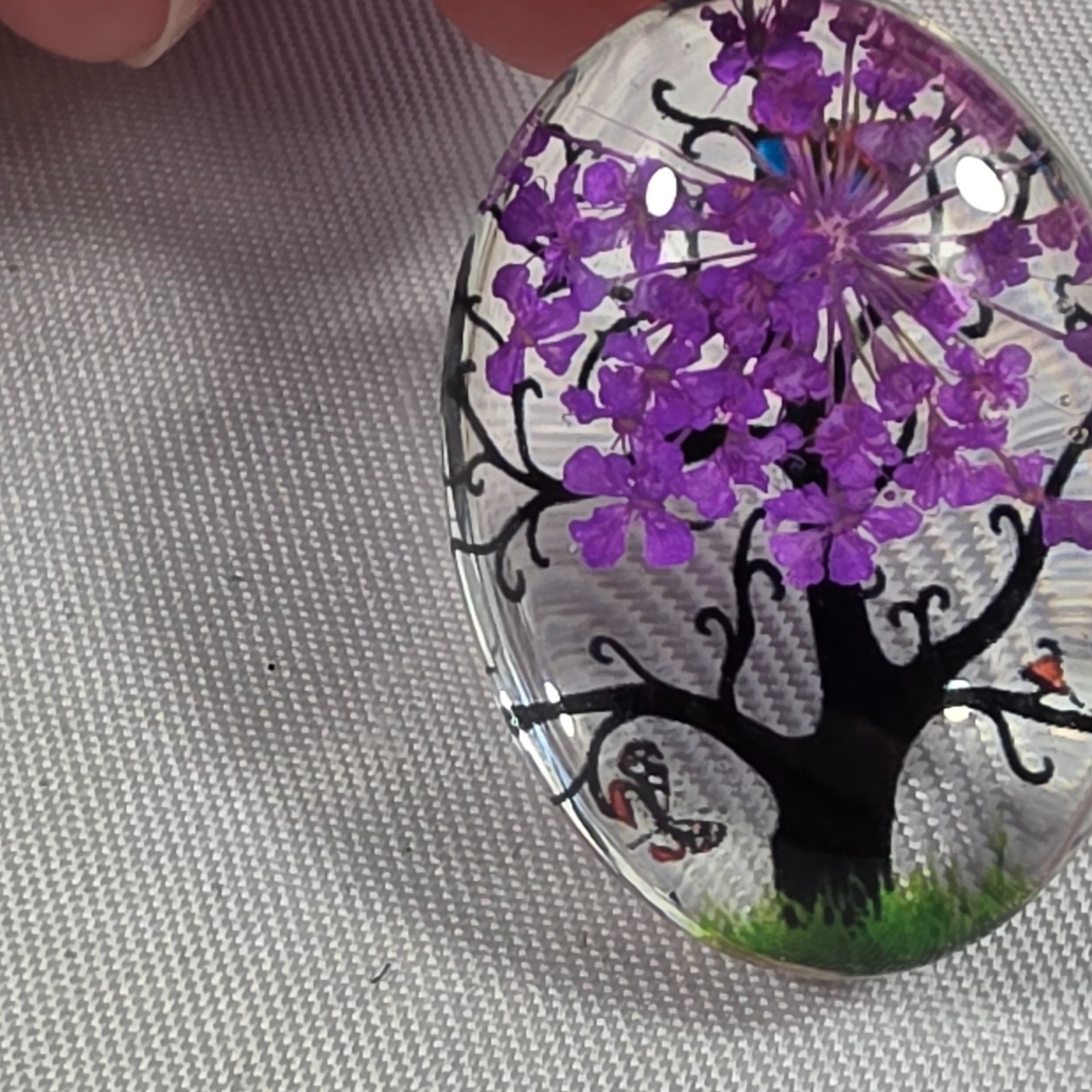 Tree of Life Resin Oval Pendant Dried Purple Flowers Butterflies, Tree & Grass