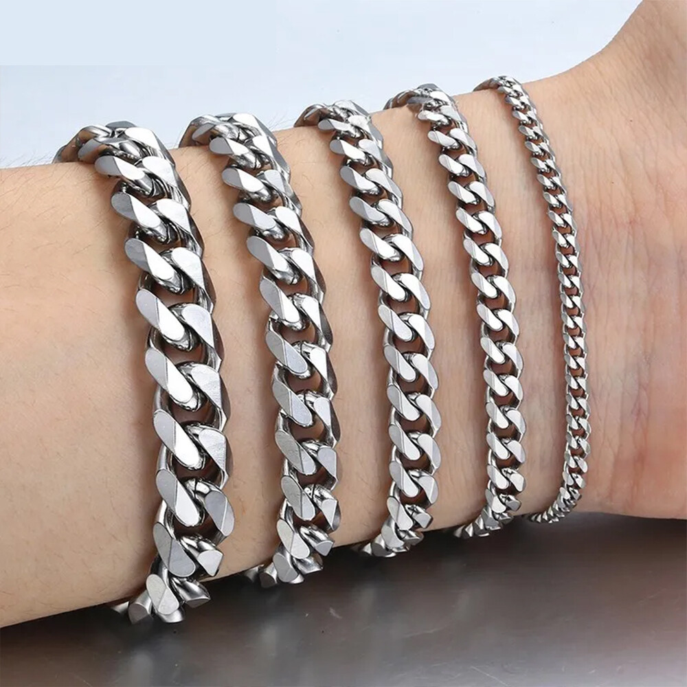 16-30″ Stainless Steel Silver Chain Cuban Curb Necklace 3/5/7/9/11mm Womens Mens
