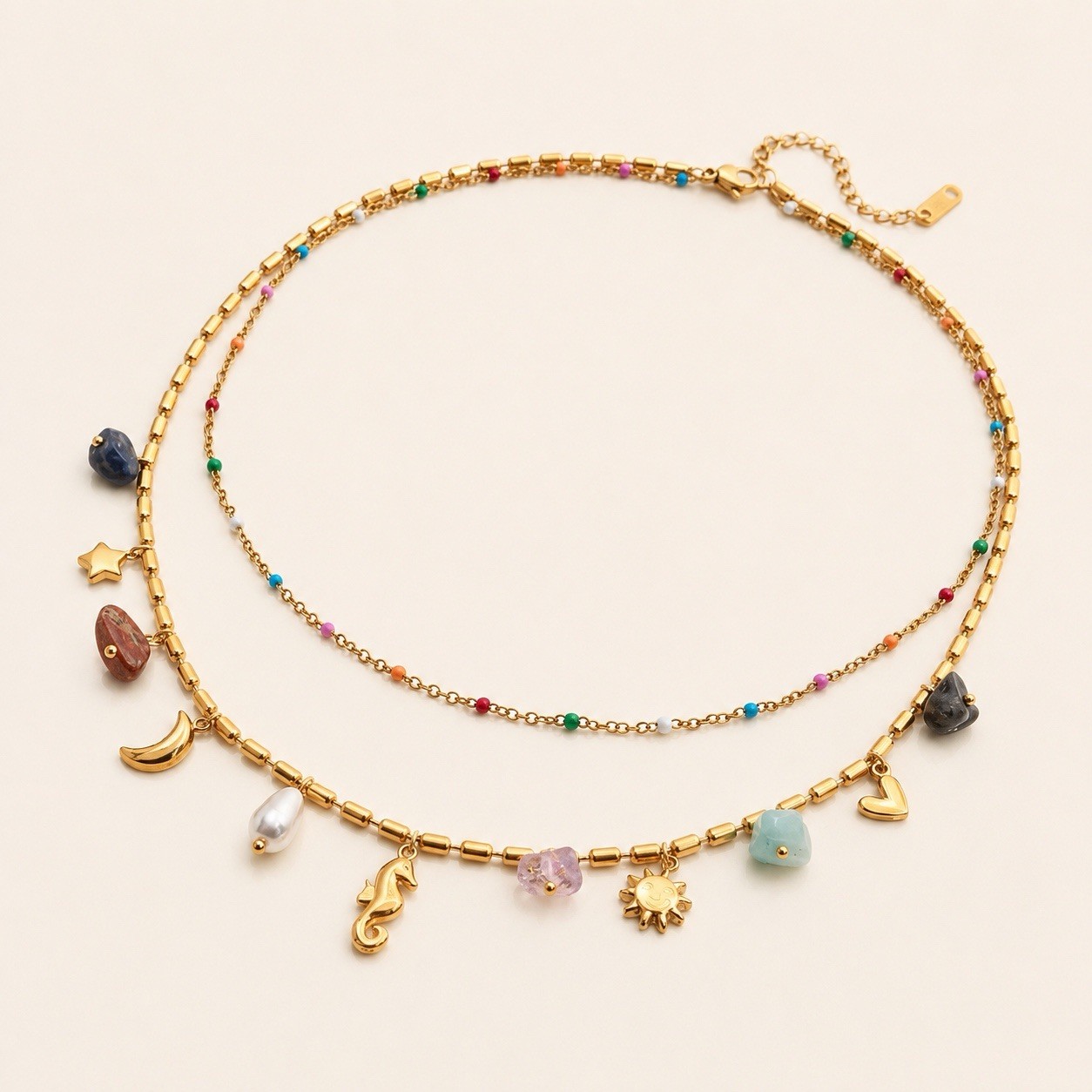 Gold Layered Charm Necklace Moon Star Sun Colorful Beaded Pendant Boho 18K Gold