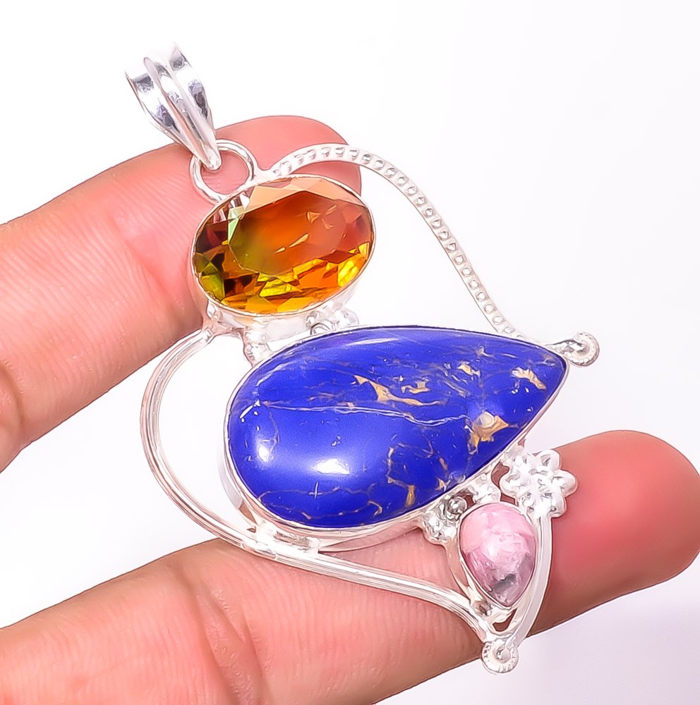 Lapis Lazuli & Bi Color Tourmaline 925 Silver Plated Pendant 2.73″ P3097