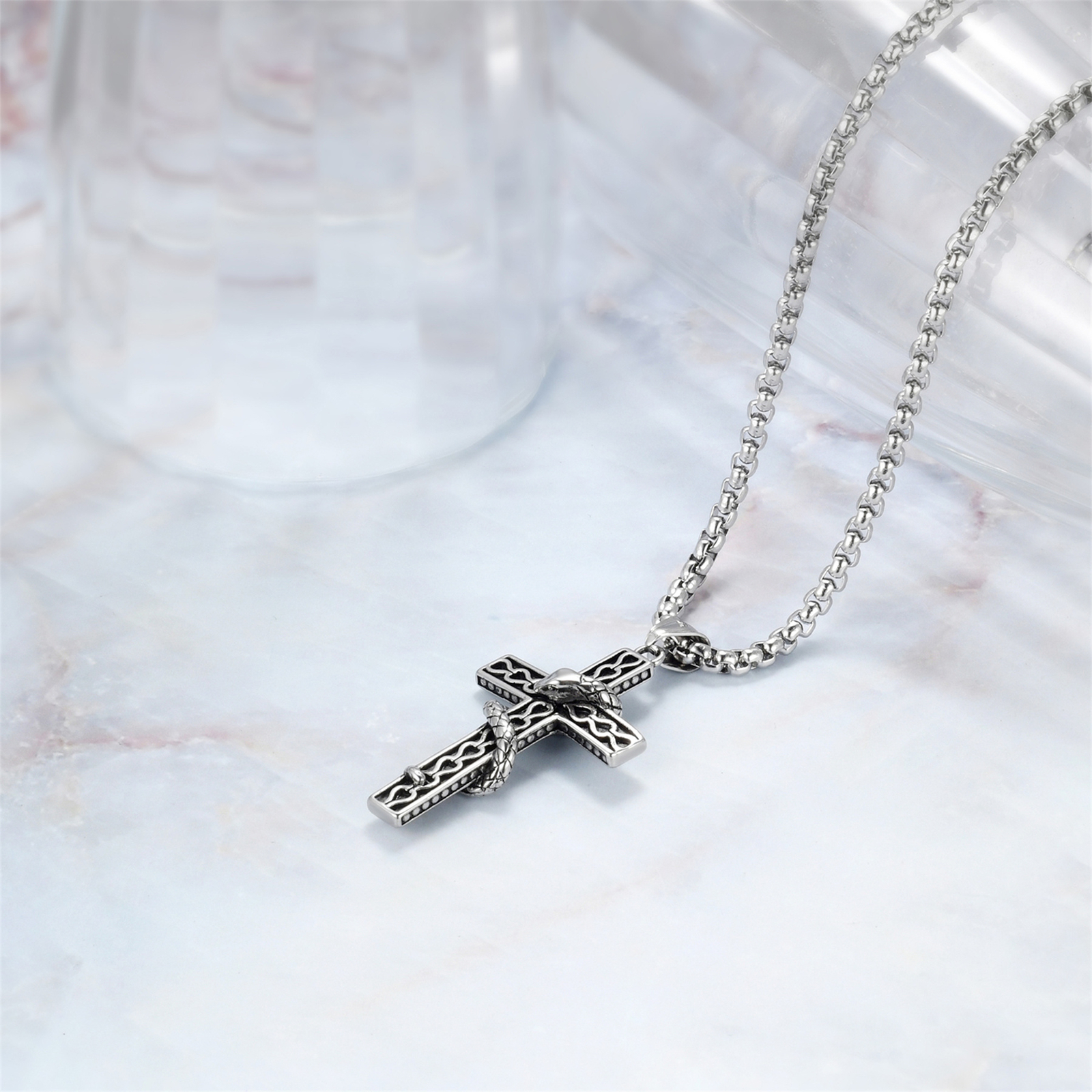 Mens Boys Vintage Biker Stainless Steel Snake Cross Pendant Amulet Necklace 22″