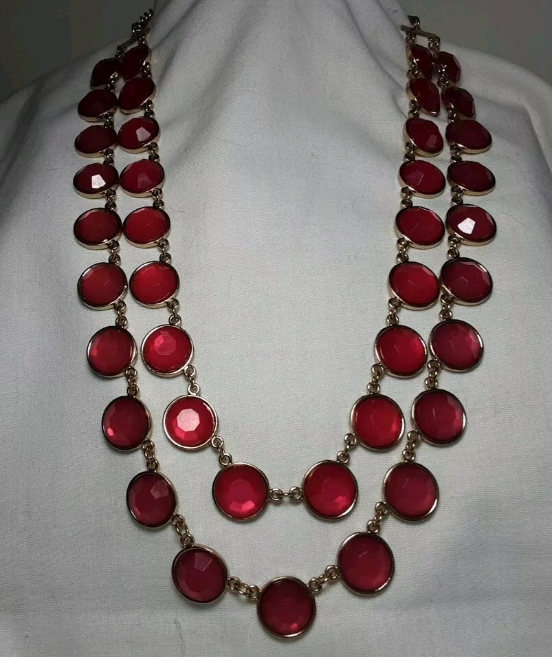 Necklace Gold Tone Red Double ( 2) Gradual Strands Faceted Disks Adj