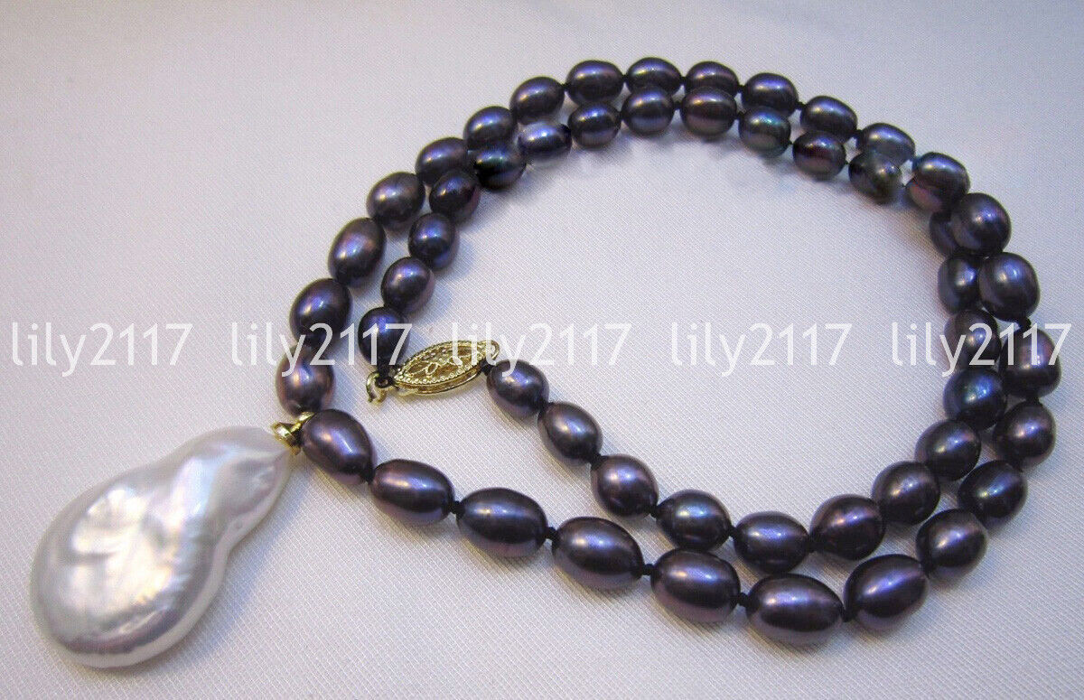 Real Natural 6-7mm South Sea Black Rice Pearl Baroque Pendant Necklace 14k Clasp