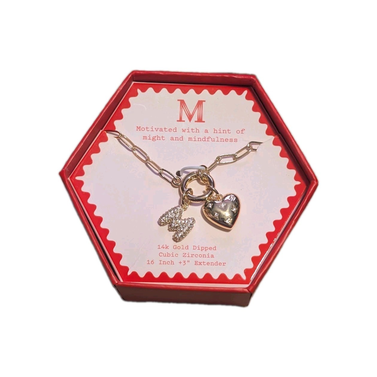 A New Day 14k Gold Dipped Initial M Charm Necklace Heart Cubic Zirconia