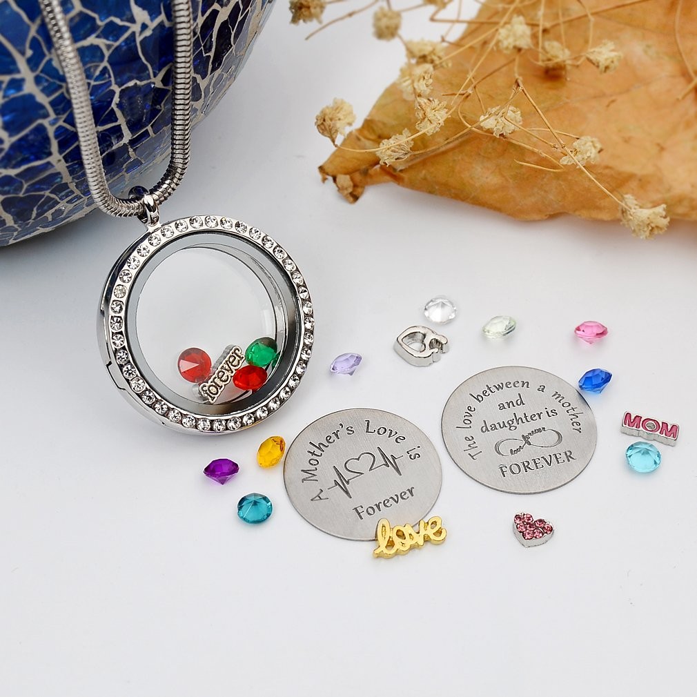 Mom Love Gift, Mother Memory Floating Locket with Birthstones Charm