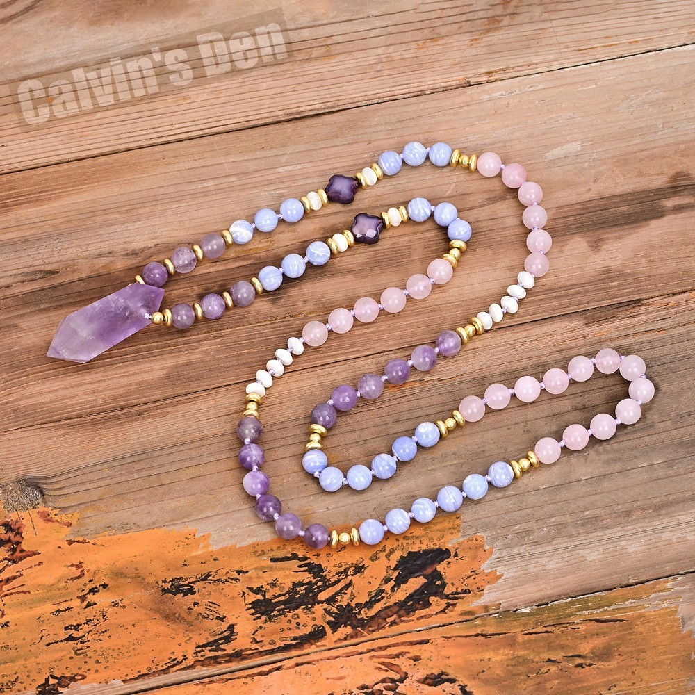 Amethyst Blue Lace Agate Rose Quartz Shell Bead Necklace + Crystal Point Pendant