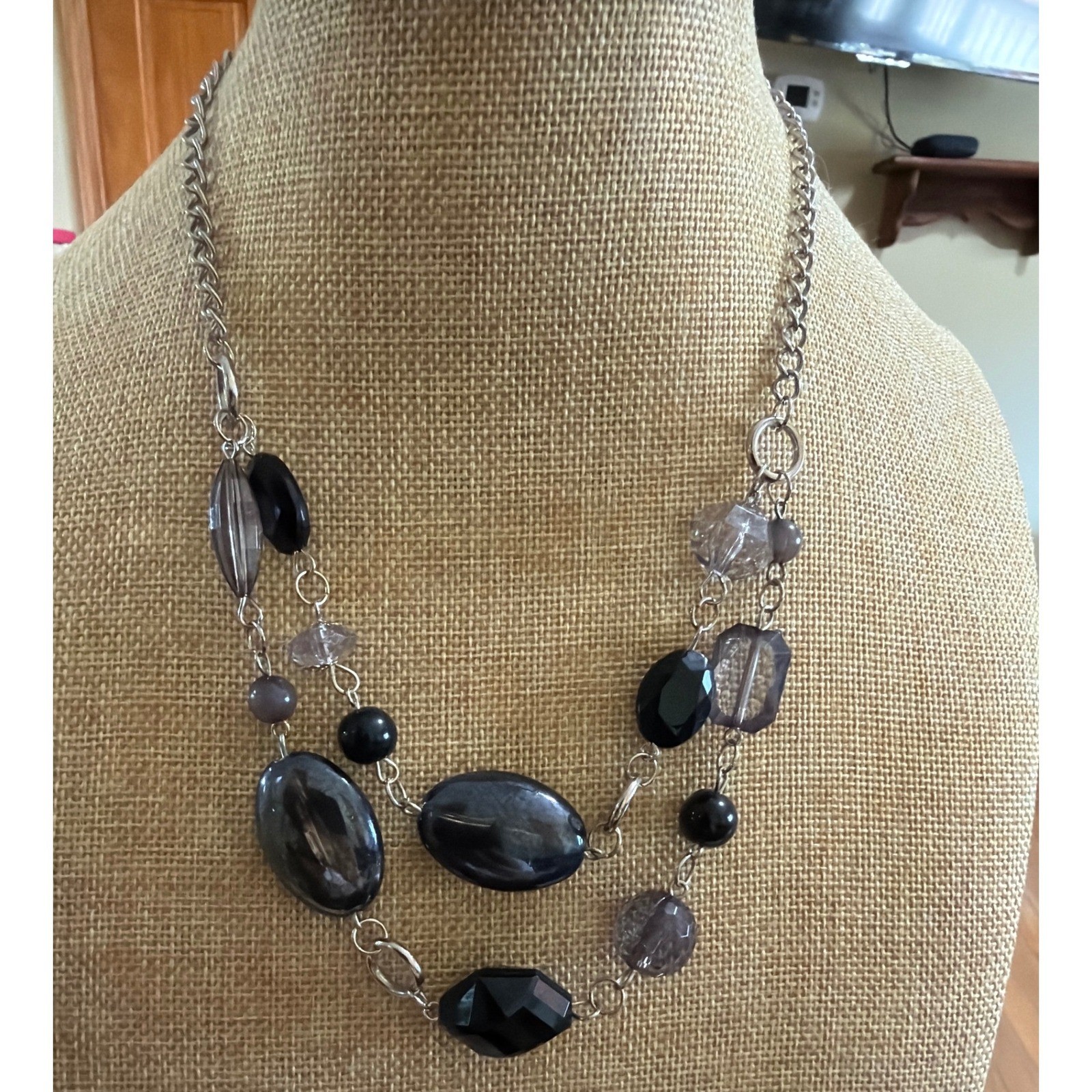 Black Grey Double Strand Beaded Statement Necklace Silver Tone Elegant