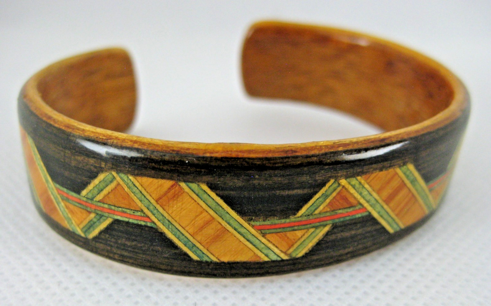 Wood Cuff Bracelet Dark Brown Green Red Parquetry Designs Lightweight Vintage