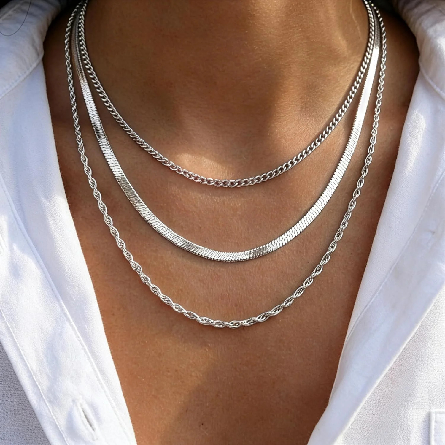 S925 Sterling Silver Plated Necklace Stack for Women,Waterproof Silver Layered H