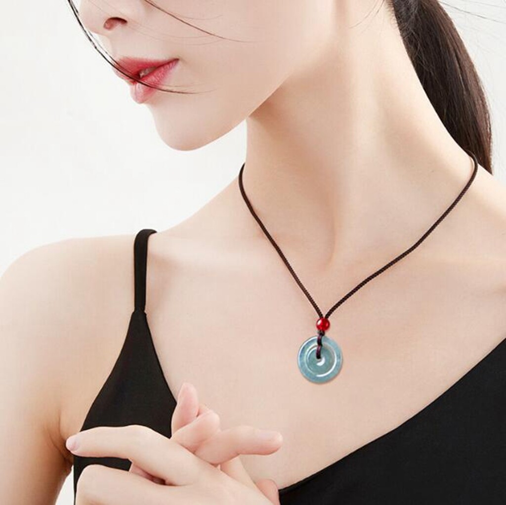 Certified Green Natural Burma A Jade jadeite Circle Donut Lucky Pendant Necklace