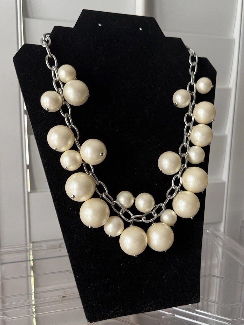 Talbots Chunky Faux Pearl Statement Necklace Silver Tone Cluster Bubble Toggle