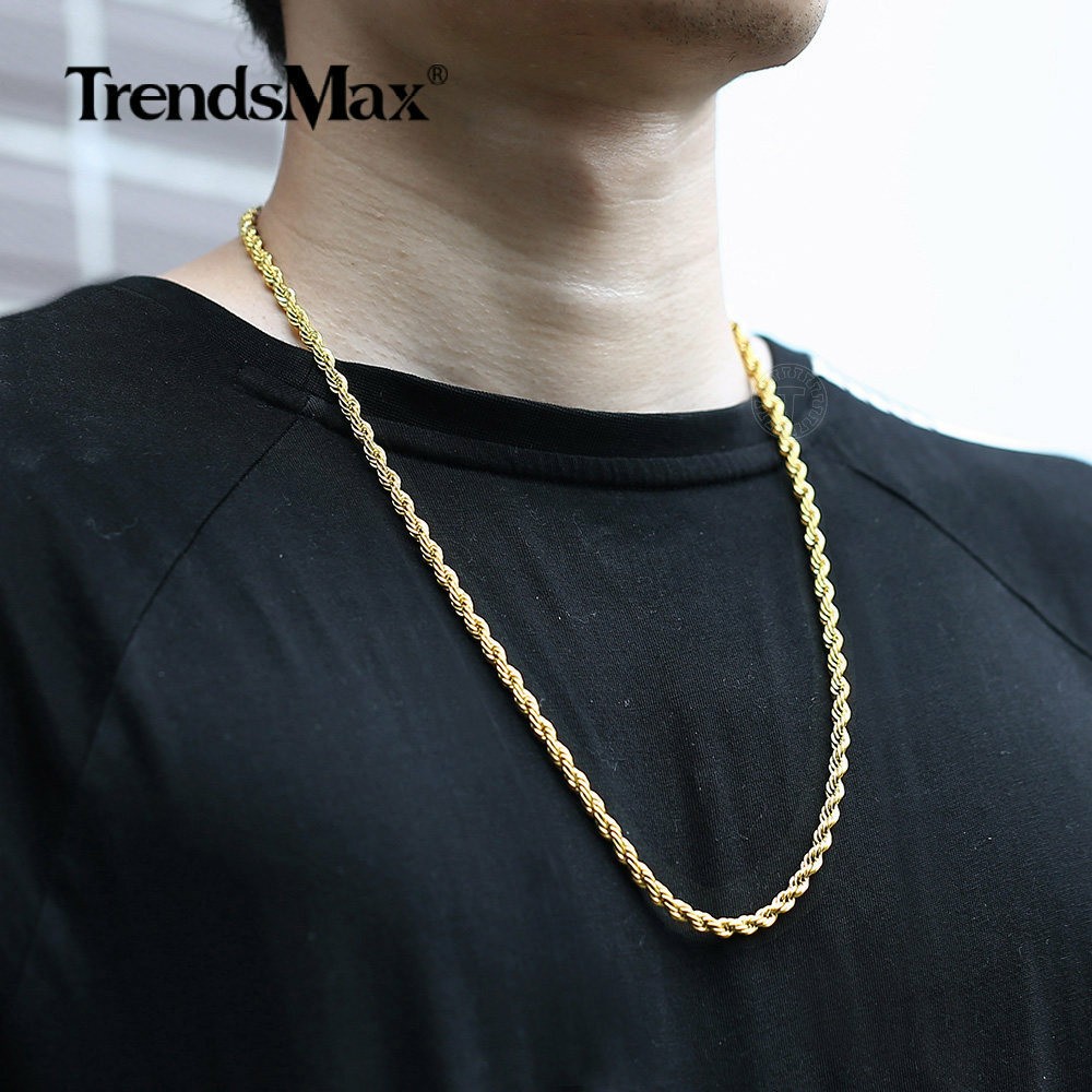3-7MM Gold Plated Stainless Steel Diamond Cut Twisted Rope Chain Necklace 16-32″