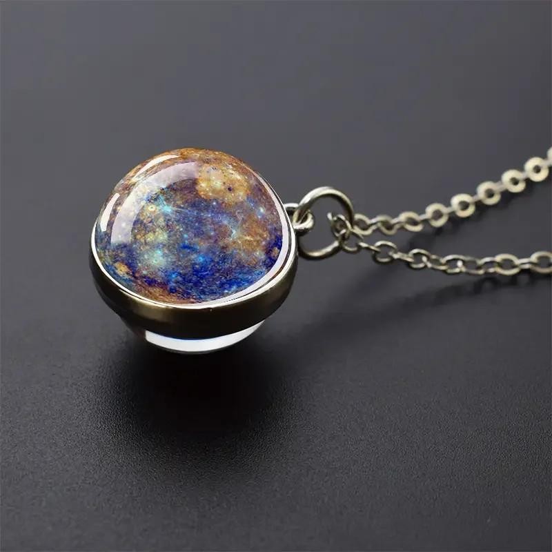Double Sided Galaxy Planet Glass Ball Pendant Necklace Sun Earth Moon Mars