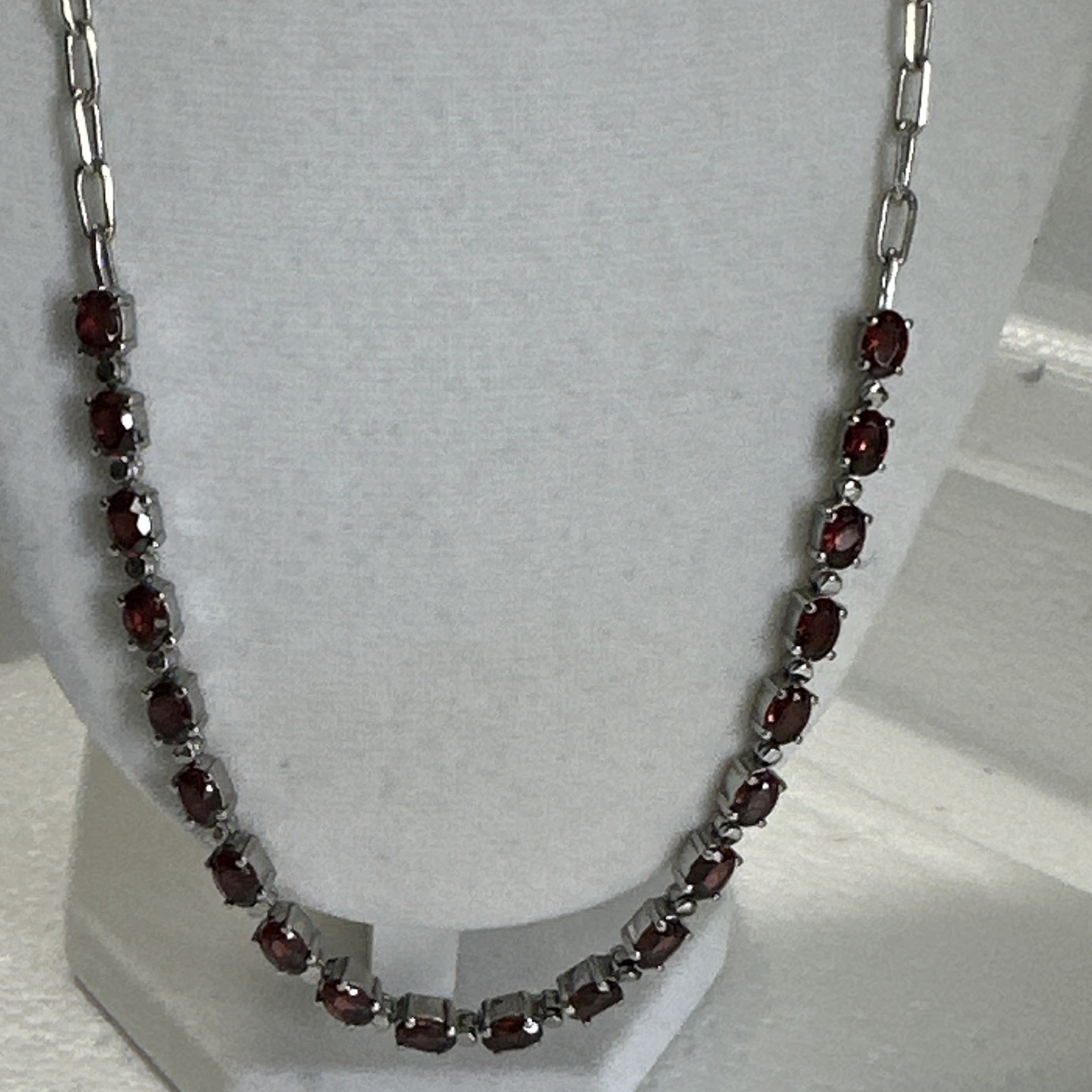 Stainless Steel Station Bar Link Necklace Red Oval Stones Prong Lobster Clasp