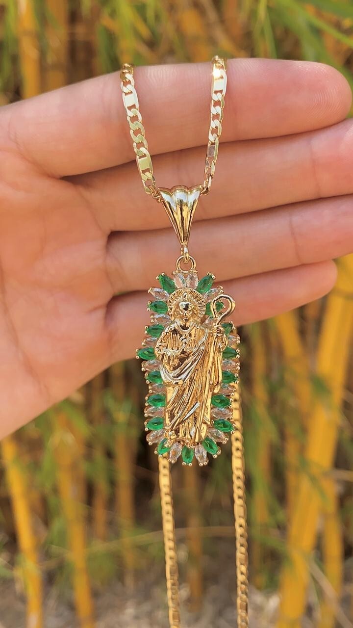 San Juditas CZ Necklace 24″ Figaro Valentino Chain Pendant Mens Adults Cadena