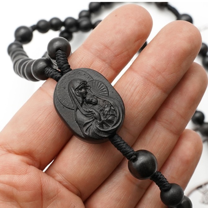 Ebony Black Wood Bead Fifteen 15 Decade Rosary Crucifix Madonna and Child Gift