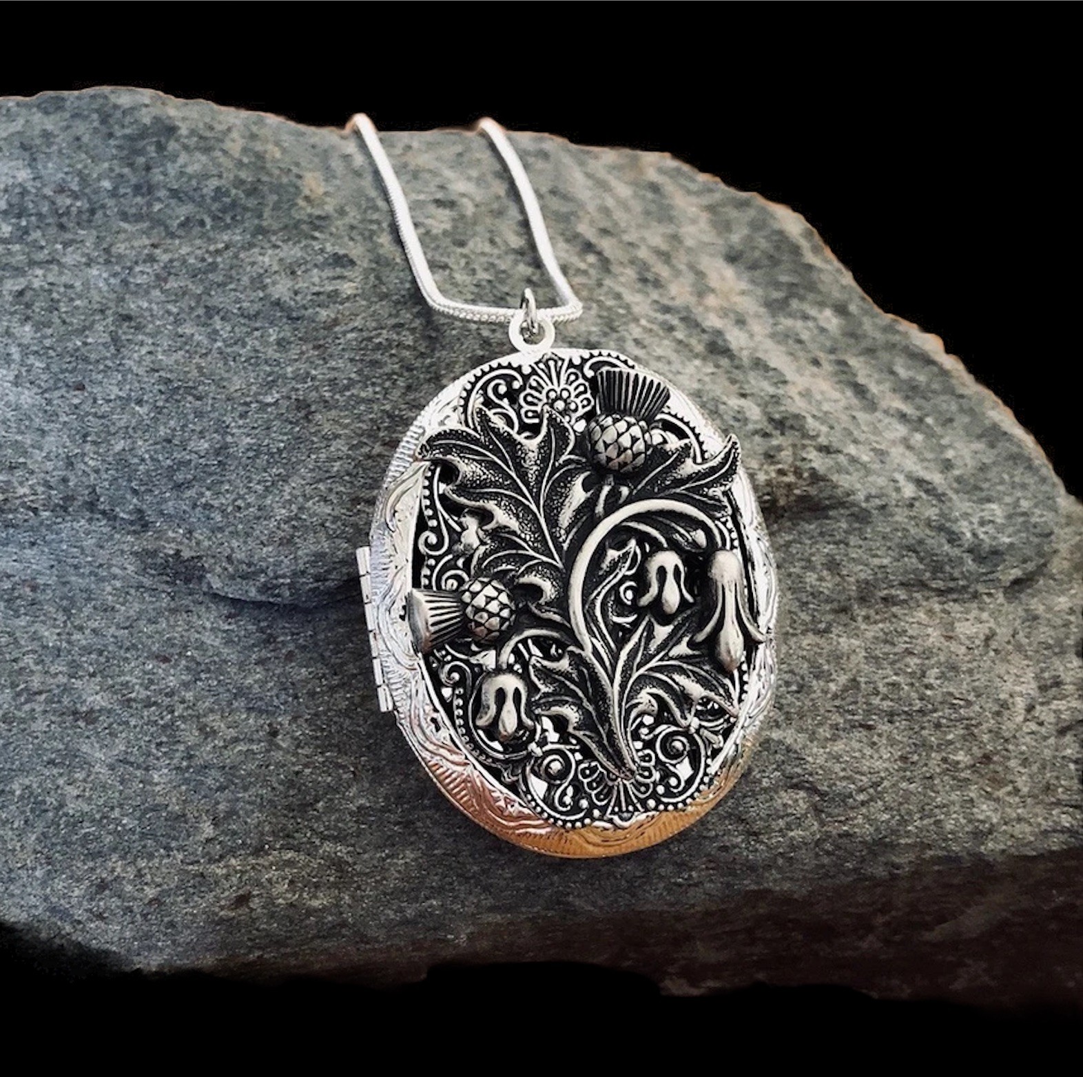 Thistle Locket Necklace Photo Pillbox Stash Pendant, 925 Sterling Silver Chain