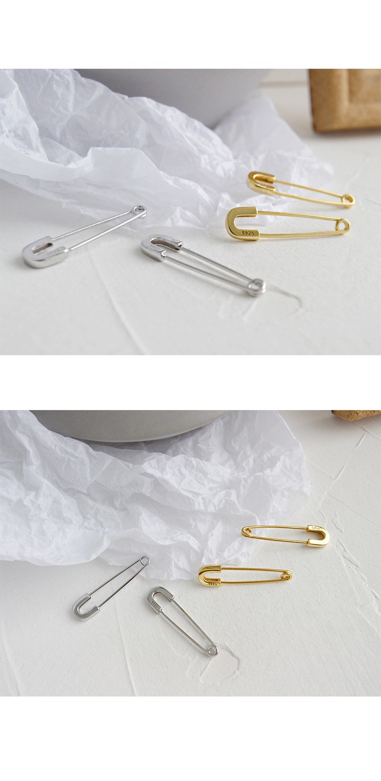 Paperclip Safety Pin Dangle Earrings Hoop Drop Gold Plated S925 Sterling Silver