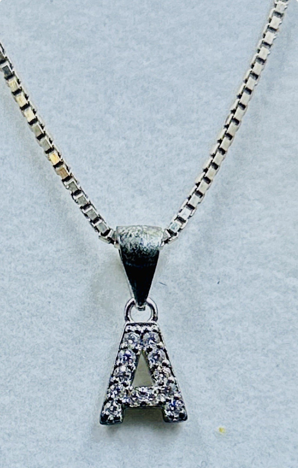 925 Sterling Silver Box Chain Letter A Pendant Necklace White CZ Pavé Lobster