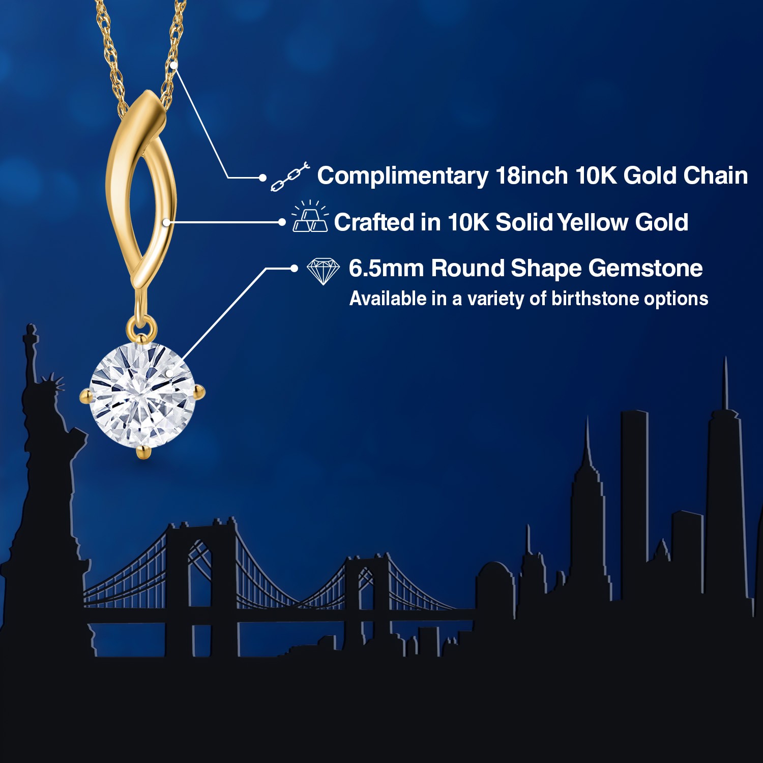 Infinity Drop Pendant Necklace for Women in 10K Yellow Gold | 6.5MM Round