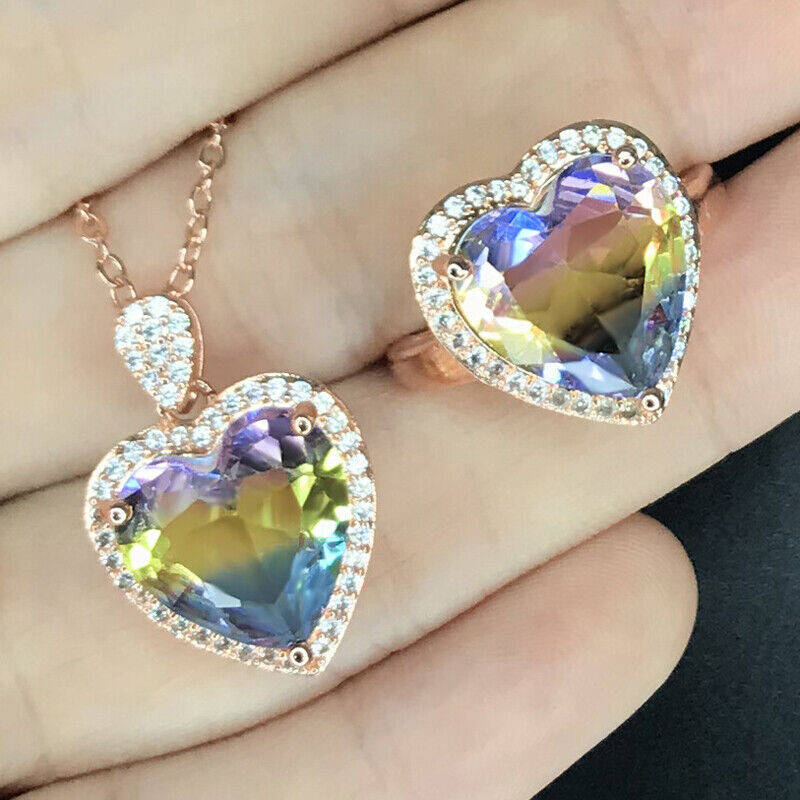 2pc Lot Women Jewelry Gifts Bi Color Tourmaline Gemstone Necklace Pendant Rings