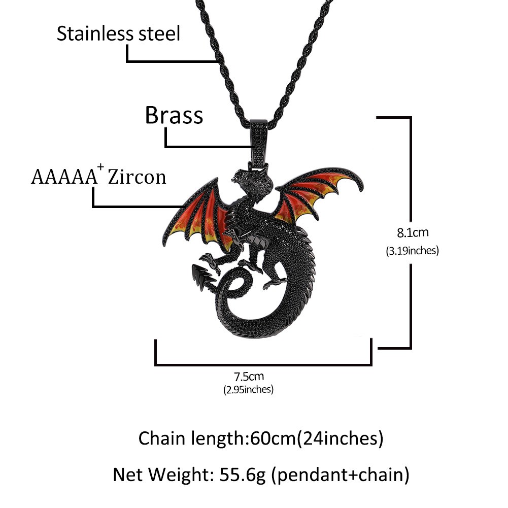 Hip Hop Jewelry Gold Filled Pave CZ Cartoon Dragon Pendant Necklaces Rapper Gift