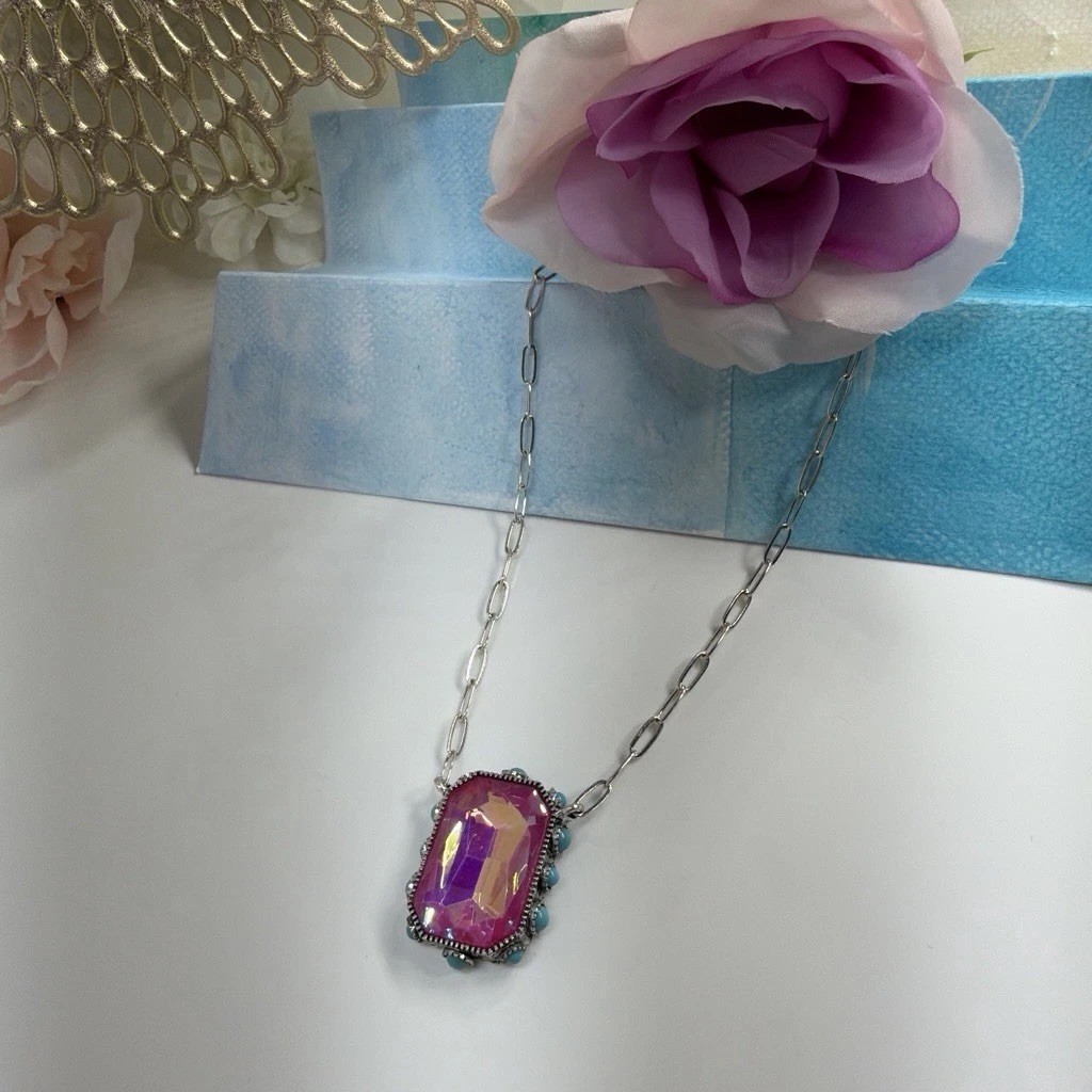 Silver Plated Cable Chain Necklace Rectangle Pink Crystal Pendant Blue Stones