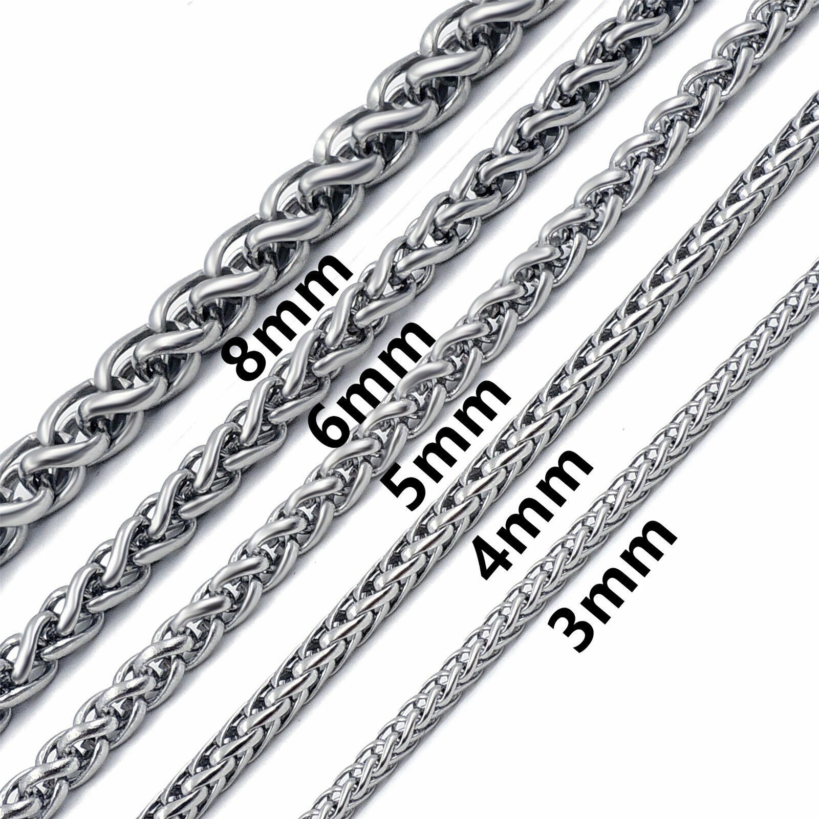 3/4/5MM Mens Silver Stainless Steel Necklace Wheat Braided Chain Link 18-28″
