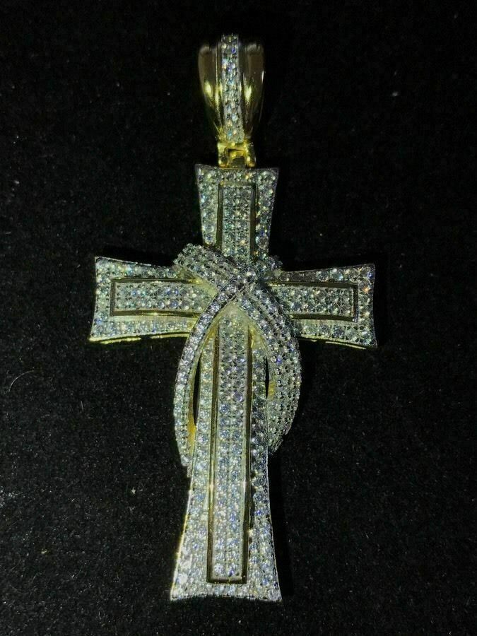 Cross Crucifix Pendant Simulated Diamonds 14K Gold Plated 925 Sterling Silver