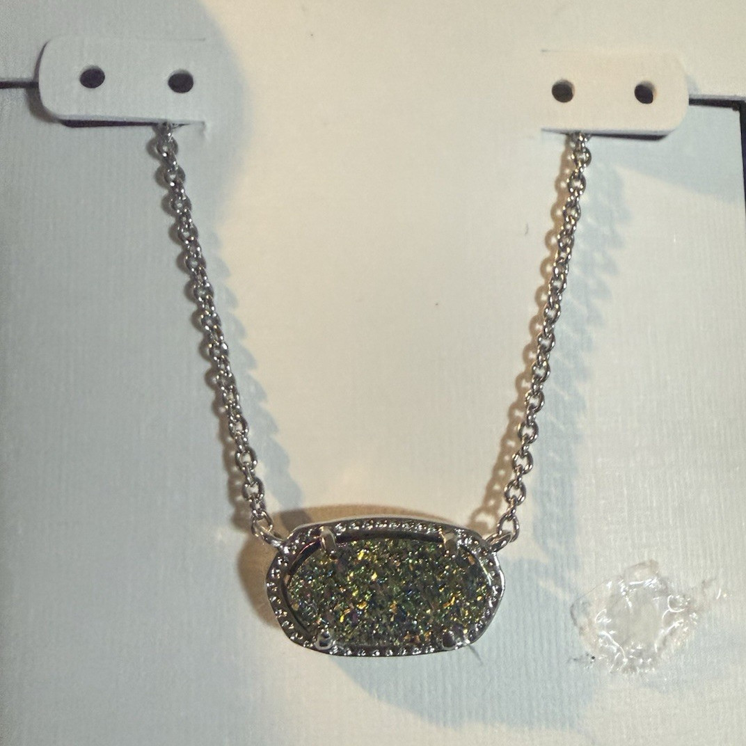 Kendra Scott Elisa Rhodium Plated Silver Oval Drusy Necklace 15in MPN 201547