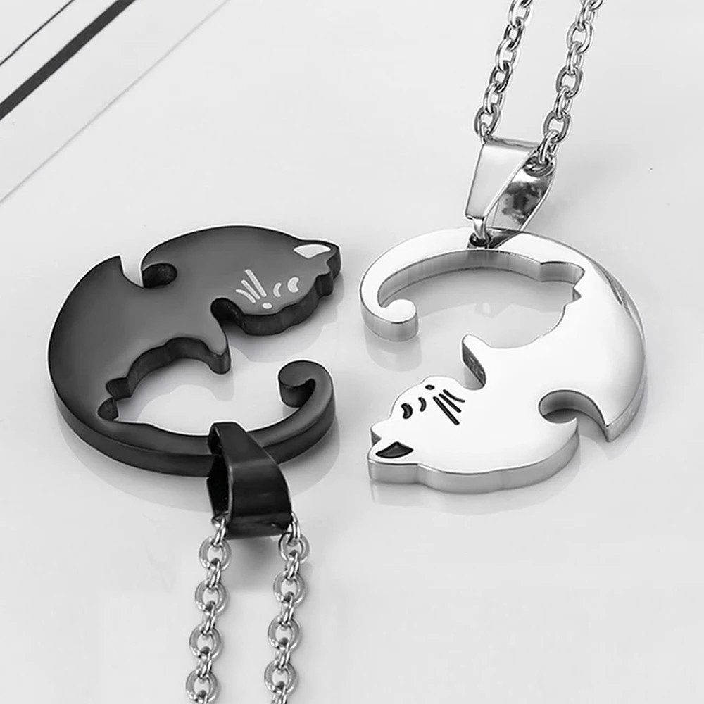 Two Cat Couple Necklaces Jewelry Stainless Steel Black White Kitten Animal Penda