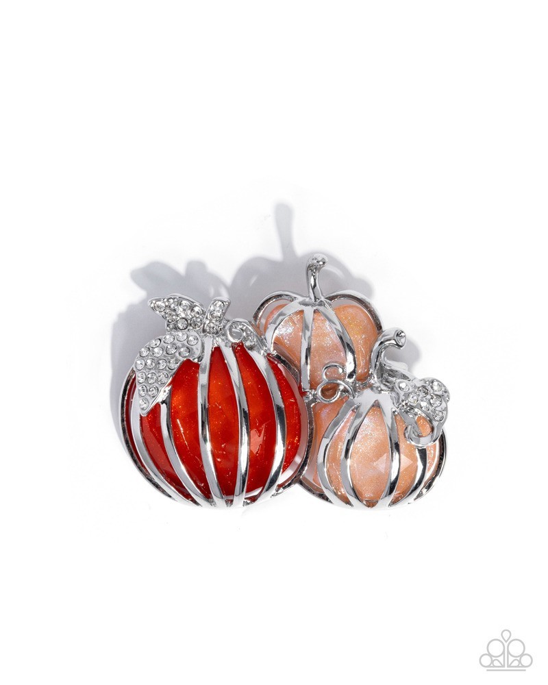 Paparazzi Pumpkin Pattern – White – White Rhinestones -Silver Leaves – Brooch