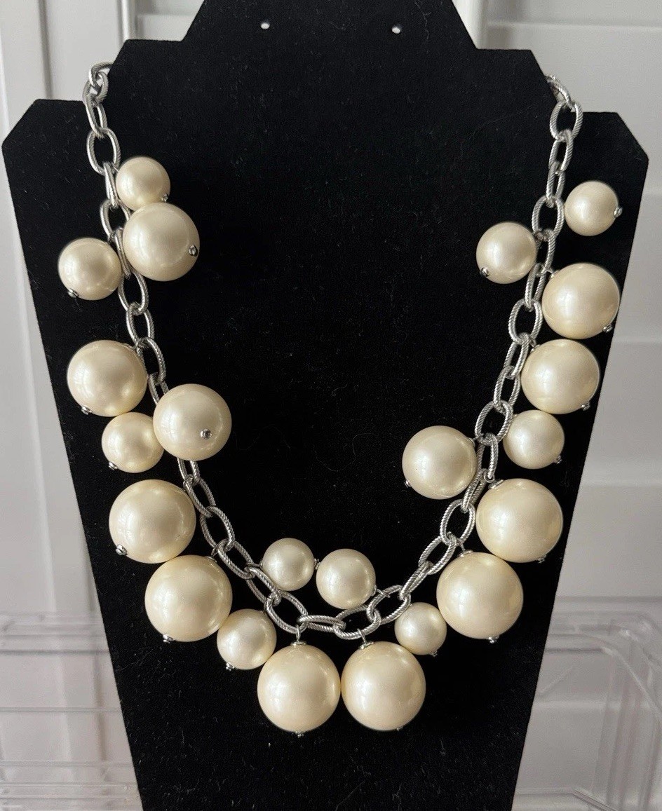 Talbots Chunky Faux Pearl Statement Necklace Silver Tone Cluster Bubble Toggle