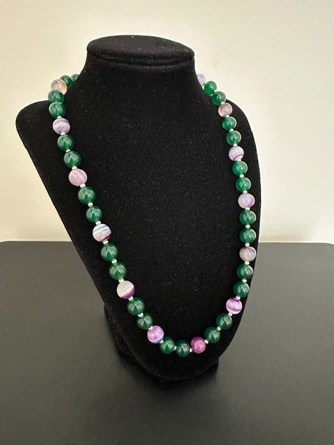 Natural Green and Purple Striped Agate 10 mm Gemstone Round Beads 22 ” Necklace.