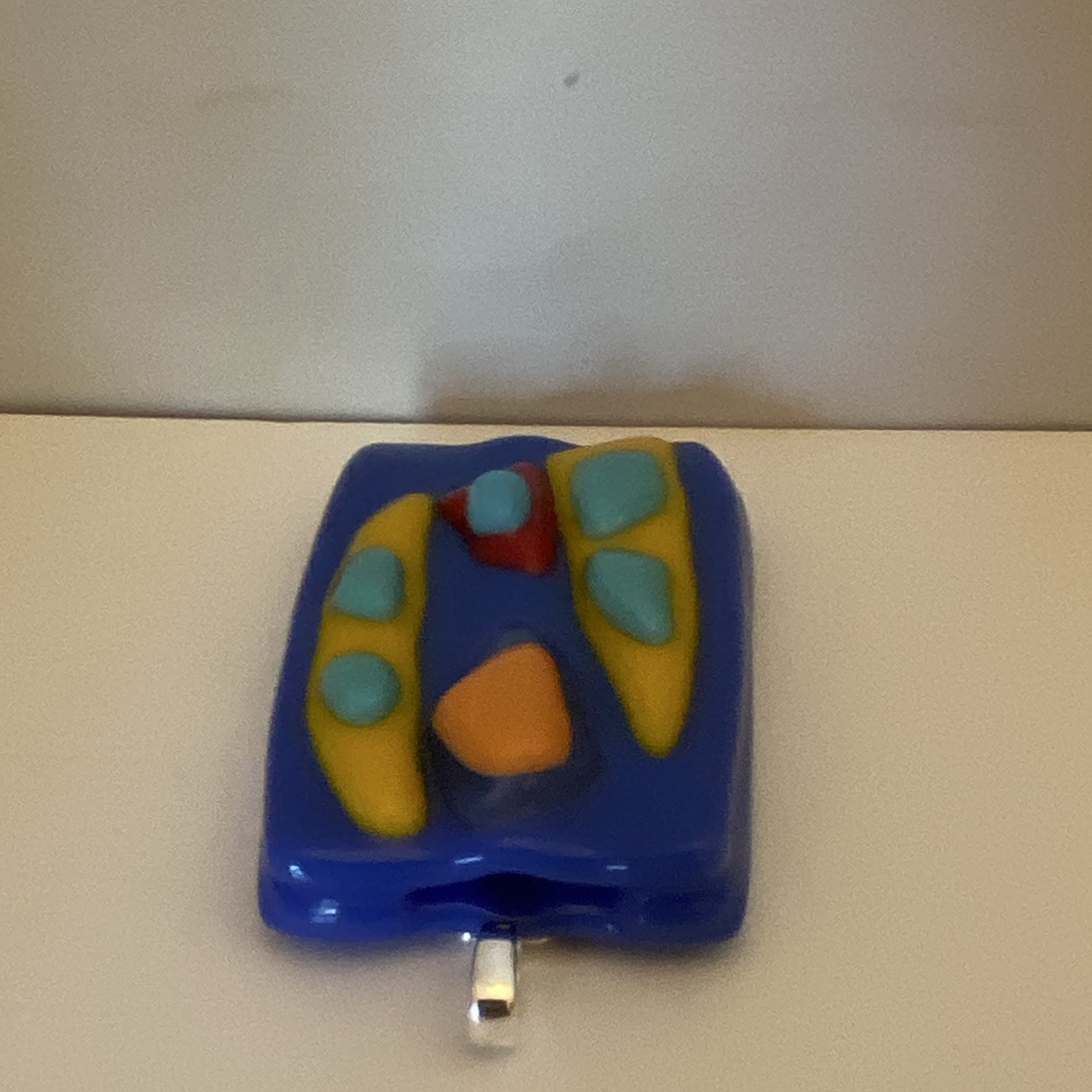 Fused Glass Pendant Silver Tone Bail Multicolor Art Design Handmade; Artisan
