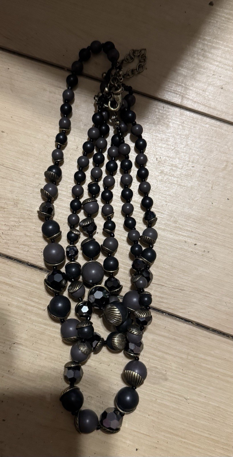 Black Multi-Strand Beaded Statement Necklace, Round Beads, Ball/Bead Chain