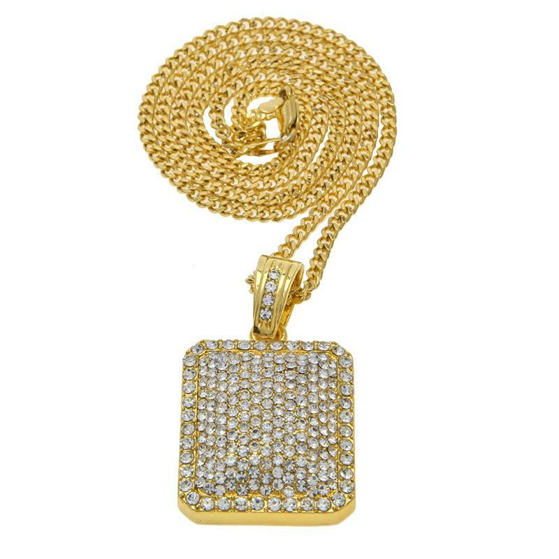 Hip Hop Gold PT Iced Dog Tag Pendant & 4mm 18″ 20″ 24″ Cuban Link Chain Necklace